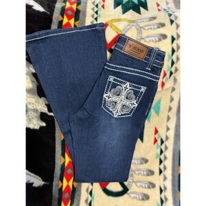 Y Jeans Los Angeles Size 1/2 Bling Embroidery Blue Denim White Stitch Bootcut